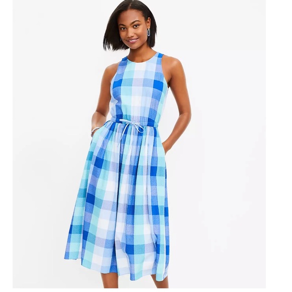 LOFT Plaid Cutout Back Midi Pocket Dress - Picture 1 of 15